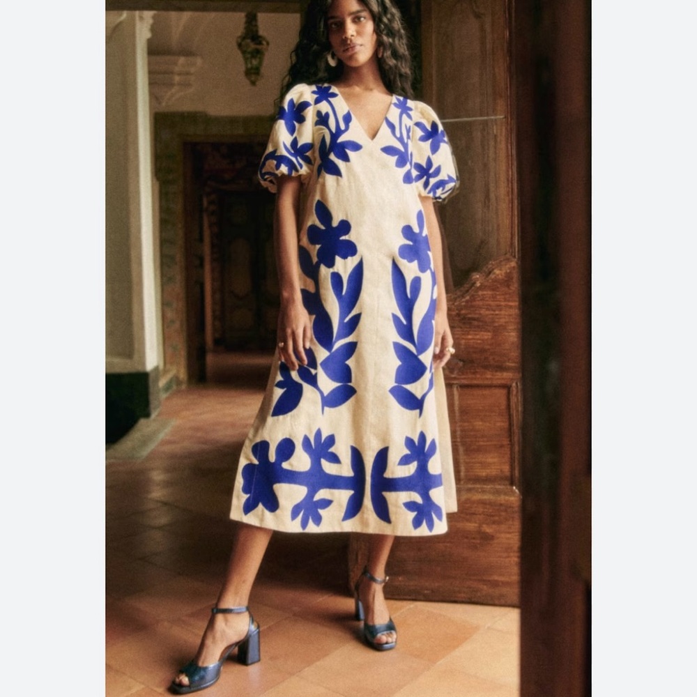 100% Linen Sezane Osiris Blue Magaschoni Maxi Dress NWT Size Large